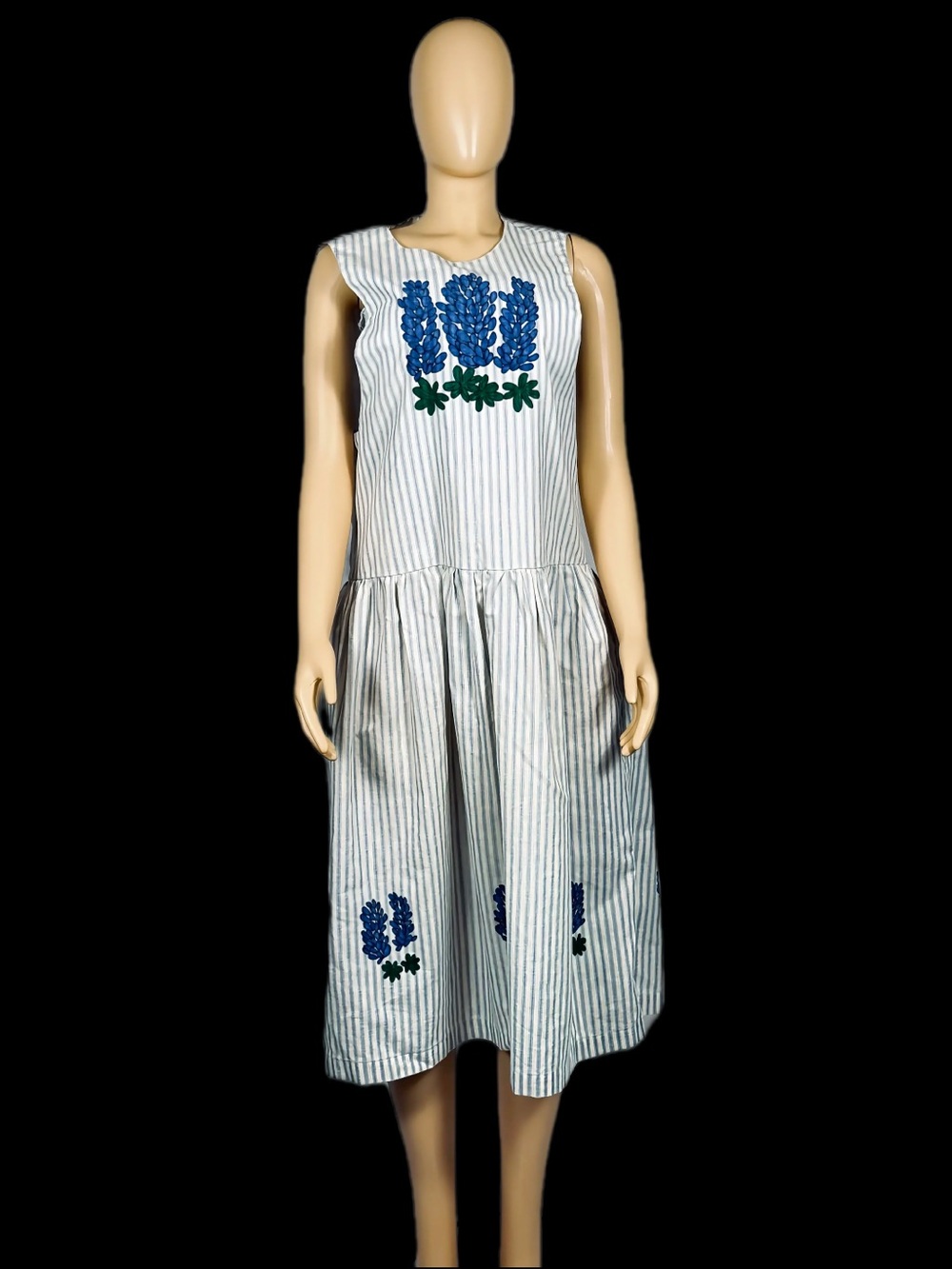 Vintage 80s Hand Painted Bluebonnet Seersucker Drop Waist Midi Dress - Size 10